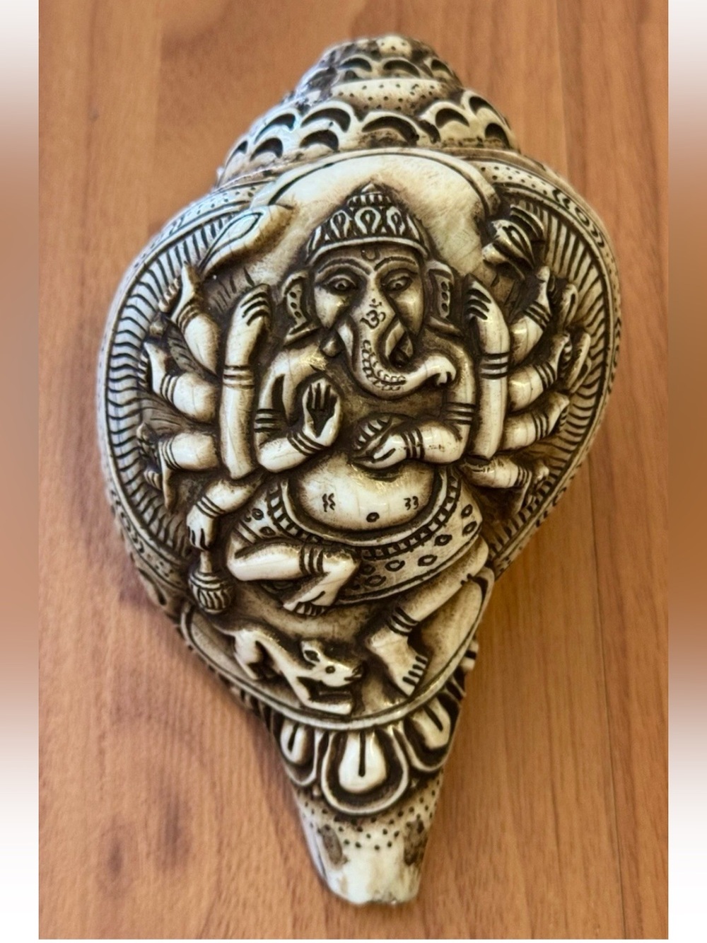 Vintage Hand Carved Lord Maha Ganesha Ritual Blow Horn,Conch Shell,Trumpet 6”in
